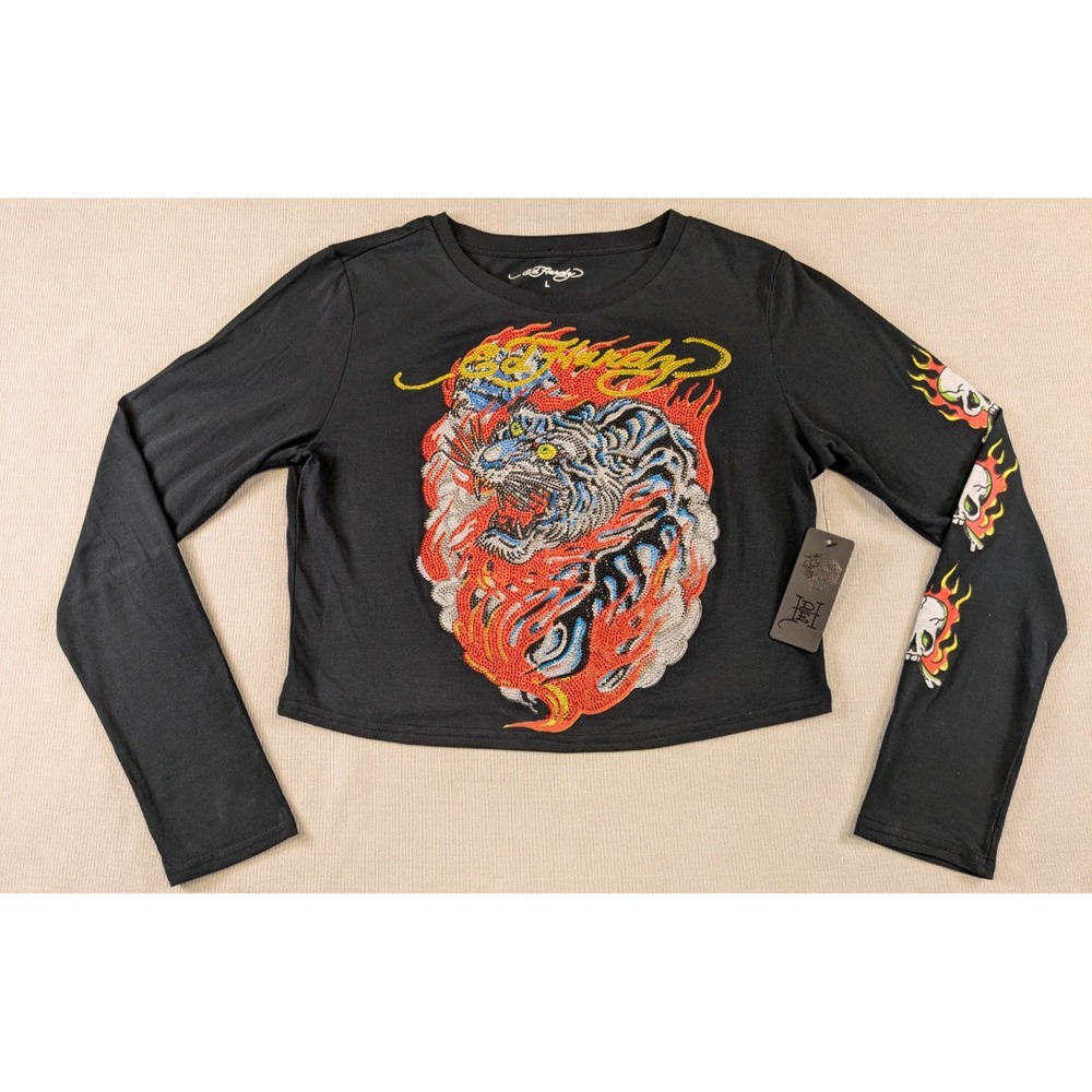 Ed Hardy Shirt Womens Large Black Bling Rhinestones Tiger Skull Y2K Long Sleeve